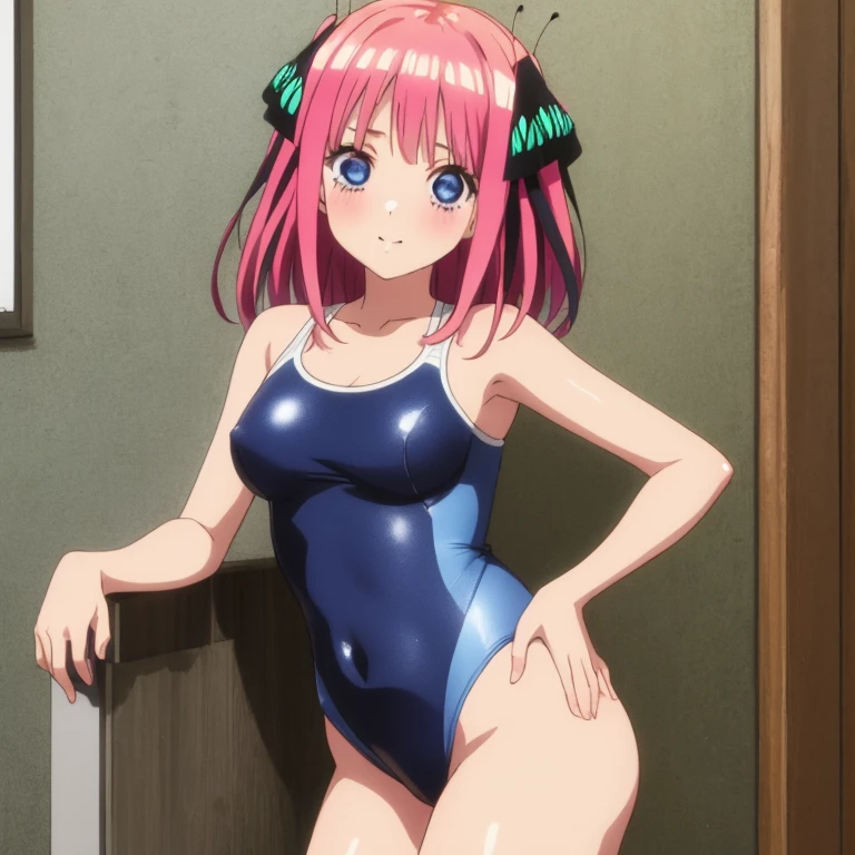 masterpiece, best quality, ultra detailed, best illustration, nsfw, 1girl, one-piece swimsuit, nakano nino, pink hair, butterfly hair ornament, blue eyes