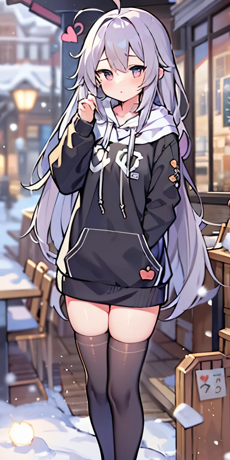 、long hair、cute、white stockings、Heart-shaped pupils、solo、gray hair、indoor、blush、winter、snow、outdoor,golden eyes、Ahoge、(((Black hoodie)))、