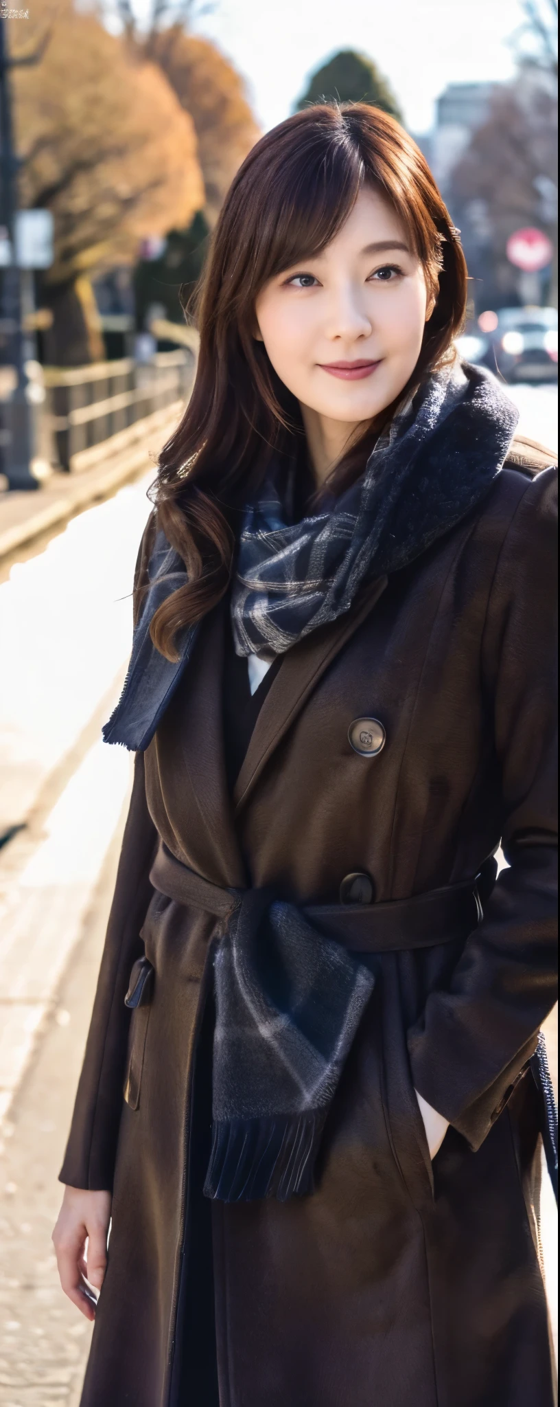 (8k, RAW photos, top quality, masterpiece: 1.2, ultra detailed, super resolution, real photos: 1.37), (Full body:1), 1 noble elegant Japanese lady, (standing contrapposte), winter season, ((black color coodinate, wearing over-size nouton coat, winter fluffy scarf, grey long skirt, legging, wearing long boots)), Shiny, Smile, Looks like 1.8 meters tall, large pelvis, Large breasts, big cuvy hips, Thin waist, Long legs, skin hyper-detail, 20 years old, Perfect face, (Detailed facial features), Wavy hair, Daylight, winter season, snazzy cafe,