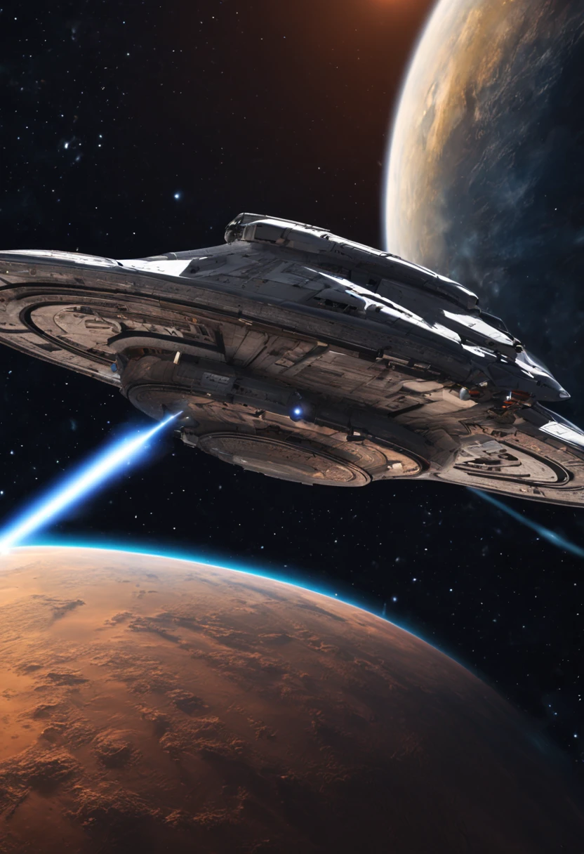 Spaceship, flying in space, Andromeda galaxy in background, science reality, highest image quality.