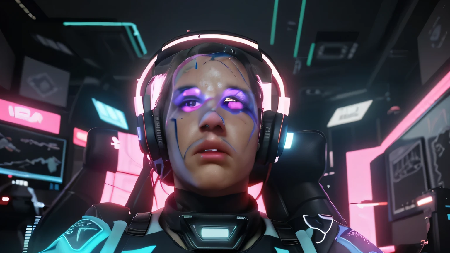 A vtuber soldier playing video games on a live stream【Detalles de la escena】: The soldier is sitting in a high-tech juego chair, wearing headphones that glow with neon lights. The room is full of colorful LED lights., creating an energetic and futurista atmosphere. En las paredes, there are posters of popular video games and virtual idols.. The soldier is surrounded by multiple monitors showing the game and chat from the live stream.. Screens flash with vibrant graphics and fast-paced action.. The soldier's character in the game is equipped with futurista armor and weapons, mostrando su habilidad y experiencia. The soldier&#39;s intense concentration and excitement are visible in his expressions and body language..【calidad de la imagen】: (Mejor calidad,4k,8k,high resolution,obra maestra:1.2),ultra detallado,(Realista,photoRealista,photo-Realista:1.37)【Estilo de Arte】: juego, futurista, ciberpunk【paleta de color】: Vibrant and neon colors【Encendiendo】: dynamic and colorful Encendiendo effects, with emphasis on neon lights and screens