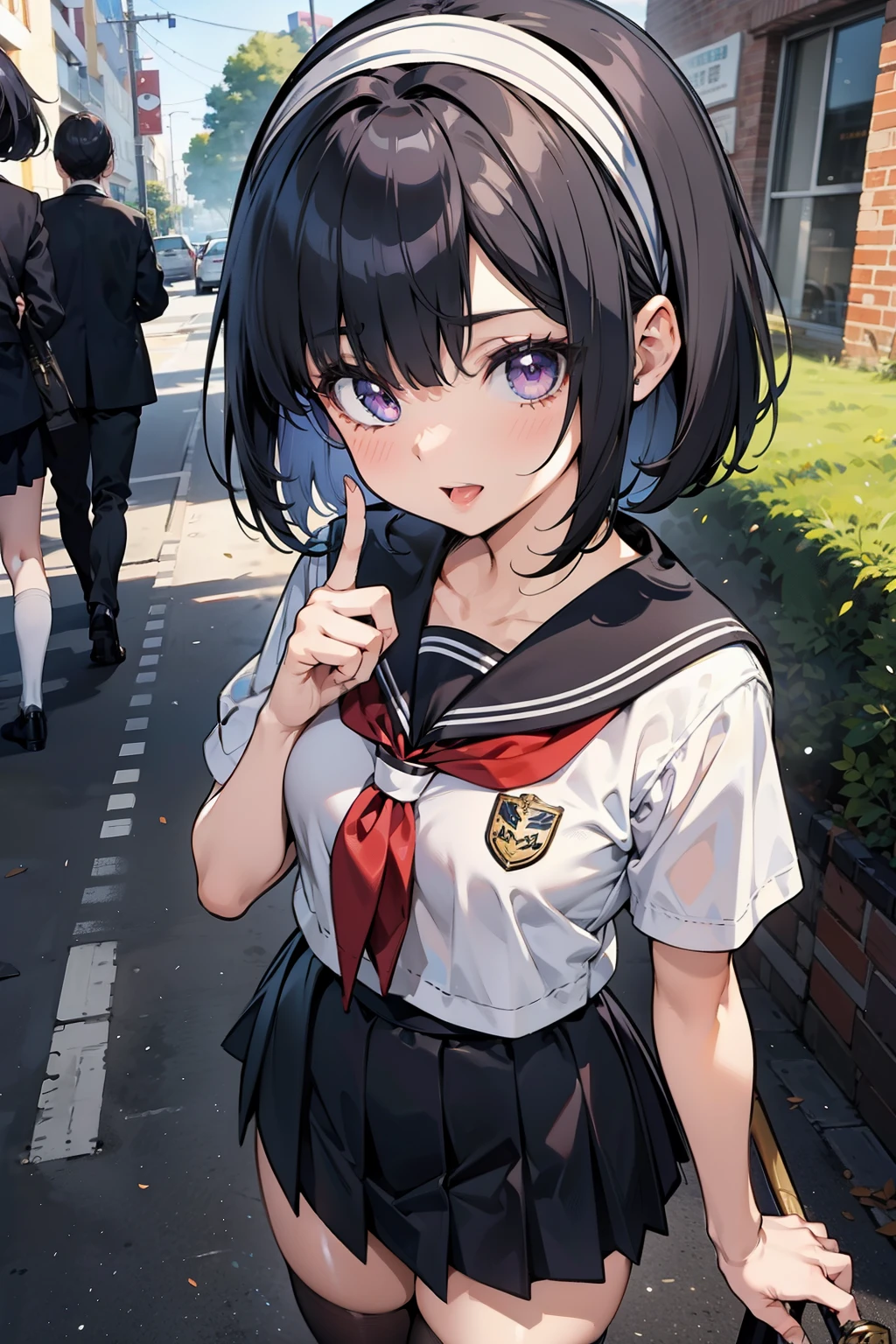 body 8 times longer than head, (Highly detailed CG unity 8k), (highest quality),(very detailed),(ultra high resolution), black hair, High school girl wearing a navy sailor suit, Anime 2D rendering, realistic young anime high school girl, ((White headband)), purple eyes, small breasts, tall, slanted eyes, (school scenery), black stockings, bright color, open your mouth a little, Dark blue skirt, bob cut, position looking down from above, close one eye, stick out tongue, press under the eyes with your index finger,