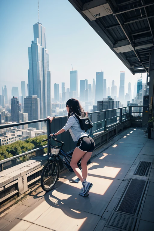 a girl rides a bicycle, in running shorts, an artist's rendering of a futuristic city, concept art, inspired by Zha Shibiao, futurism, mossy buildings, dystopian city apartment, hyperrealistic”
