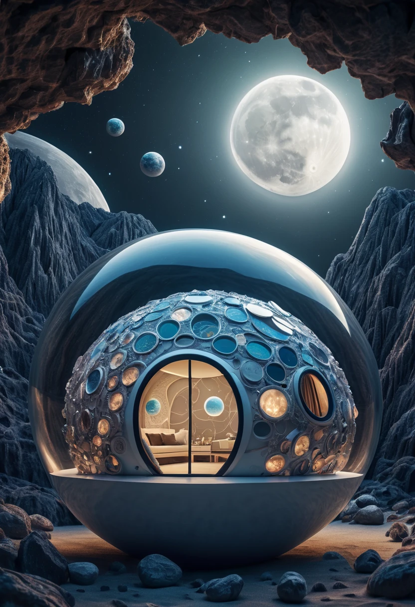 (best quality,4k,8k,highres,masterpiece:1.2),ultra-detailed, A capsuled modern hi-fi hotel-resort, the resort in the planet moon, zentangle, origami, cinematic, 3d crunch, the planet earth in the background of the photo, photo taken in the moon, in the the planet moon, by my self...lolair bubble hotel,