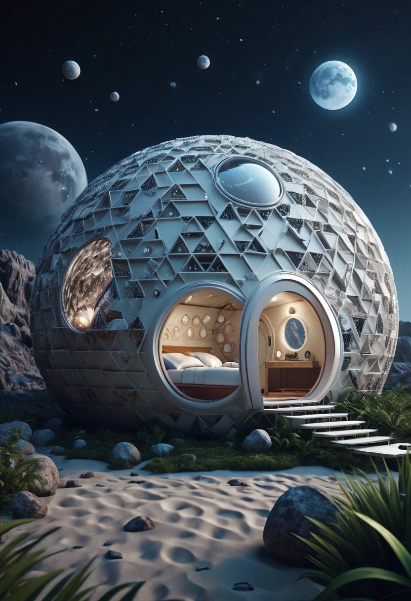 (best quality,4k,8k,highres,masterpiece:1.2),ultra-detailed, A capsuled modern hi-fi hotel-resort, the resort in the planet moon, zentangle, origami, cinematic, 3d crunch,  the planet earth in the background of the photo, photo taken in the moon, in the the planet moon, by my self...lolair bubble hotel, 