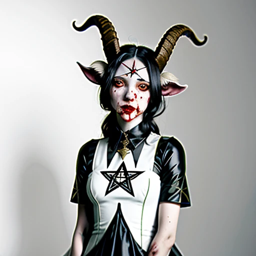 Picture of a hellish goat dressed in a nice dress, anthropomorphic female goat, goat girl with a lush horns, ((pentagram on a forehead)), sad, blood from the eyes, devilish goat, Satan's goat