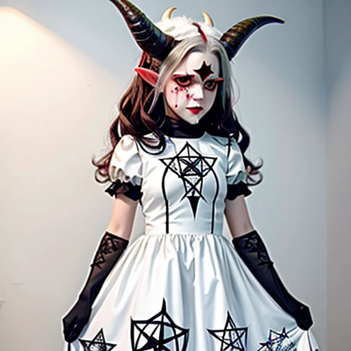 Picture of a hellish goat dressed in a nice dress, anthropomorphic female goat, goat girl with a lush horns, ((pentagram on a forehead)), sad, blood from the eyes, devilish goat, Satan's goat