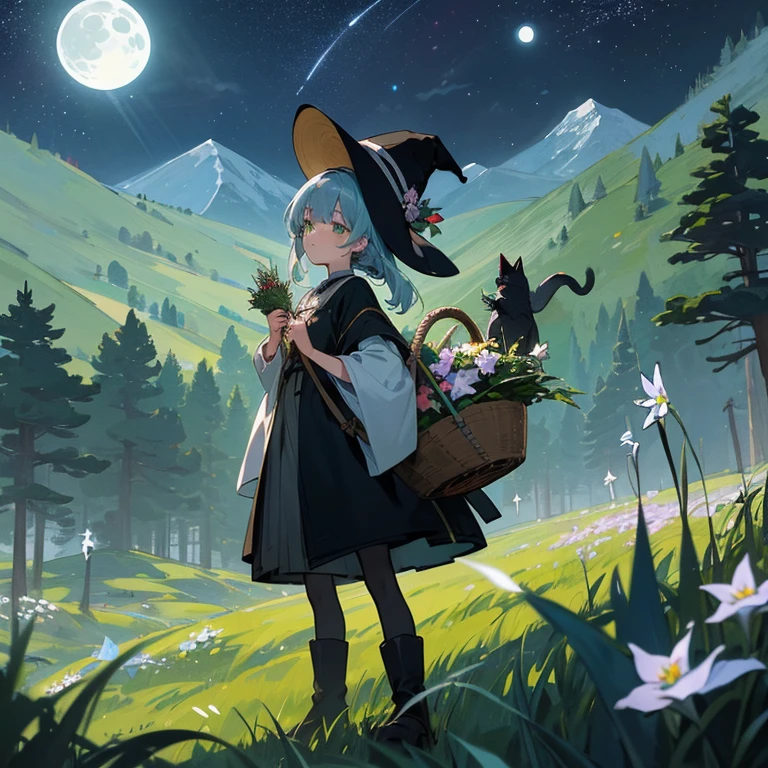 (color々A witch around 25 years old is standing there holding a large basket of medicinal herbs.) and (I have a cat with black fur.) 、beige dress、黒colorのマント、黒colorの三角帽子、 dark brown long boots、 green eyes、 lazy smile 、Bluestone Pendant、(Moonlight night:1.4)、 Starry Sky Skiing、 (mountain forest grassland) 、colorとりどりの花々