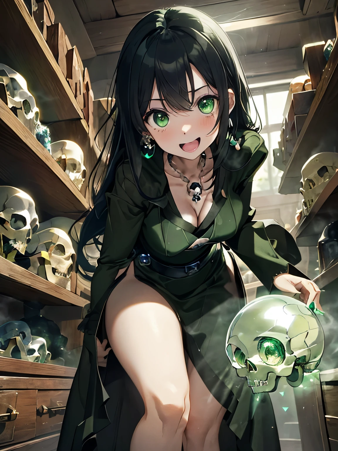 character//1 girl,(greenish shiny black hair:1.2),((Long curled hair:1.2)),(With bangs),((Green eyes that emit a suspicious light:1.3)),((eye size:1.6)),BREAK//(black witch-like robe:1.3),(A long skirt with a slit that shows your legs:1.5),(The chest is open and the cleavage is visible:1.35),(dark green nails),(nails are sharp and long:1.4),((Necklaces and earrings that glow suspiciously in green:1.2)),BREAK//((transparent crystal in the shape of a skull:1.6)),((skull crystal size:1.6)),((Holding the Skull Crystal in both hands, his cheeks are pressed together.)),BREAK//(A look of joy),(blush),(tongue licking),(close up of face:1.2),BREAK//((An antique room filled with green steam:1.3)),(A place where the lighting is dark and the place is completely shrouded in darkness.)