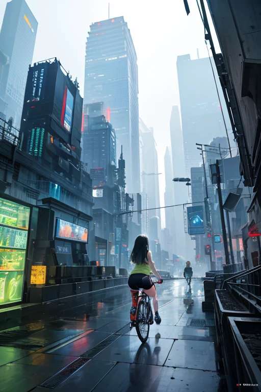 a girl rides a bicycle, in running shorts, an artist's rendering of a futuristic city, concept art, inspired by Zha Shibiao, futurism, mossy buildings, dystopian city apartment, hyperrealistic”
