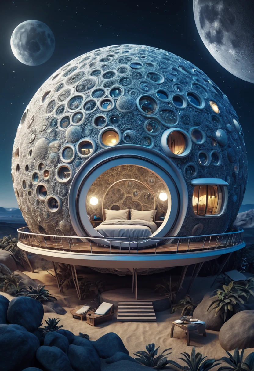 (best quality,4k,8k,highres,masterpiece:1.2),ultra-detailed, A capsuled modern hi-fi hotel-resort, the resort in the planet moon, zentangle, origami, cinematic, 3d crunch, the planet earth in the background of the photo, photo taken in the moon, in the the planet moon, by my self...lolair bubble hotel,