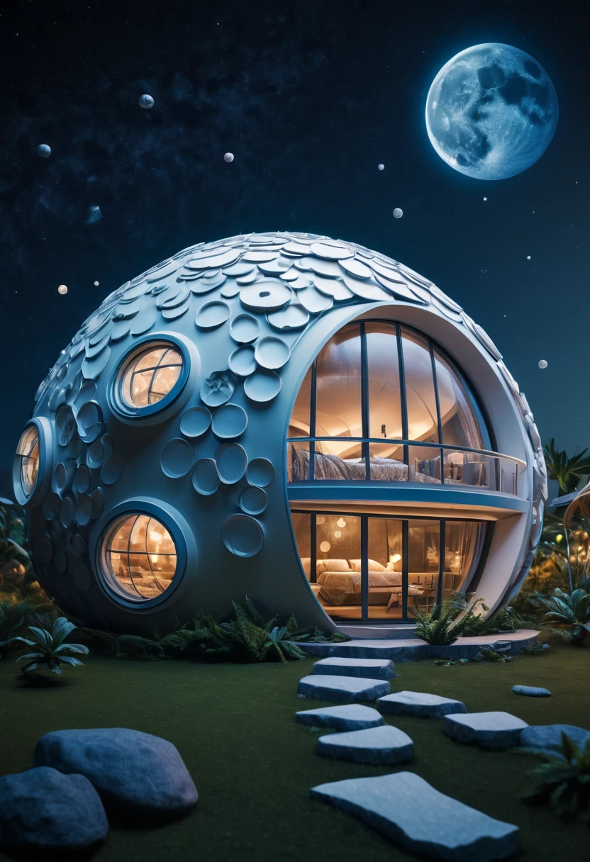 (best quality,4k,8k,highres,masterpiece:1.2),ultra-detailed, A capsuled modern hi-fi hotel-resort, the resort in the planet moon, zentangle, origami, cinematic, 3d crunch, the planet earth in the background of the photo, photo taken in the moon, in the the planet moon, by my self...lolair bubble hotel,