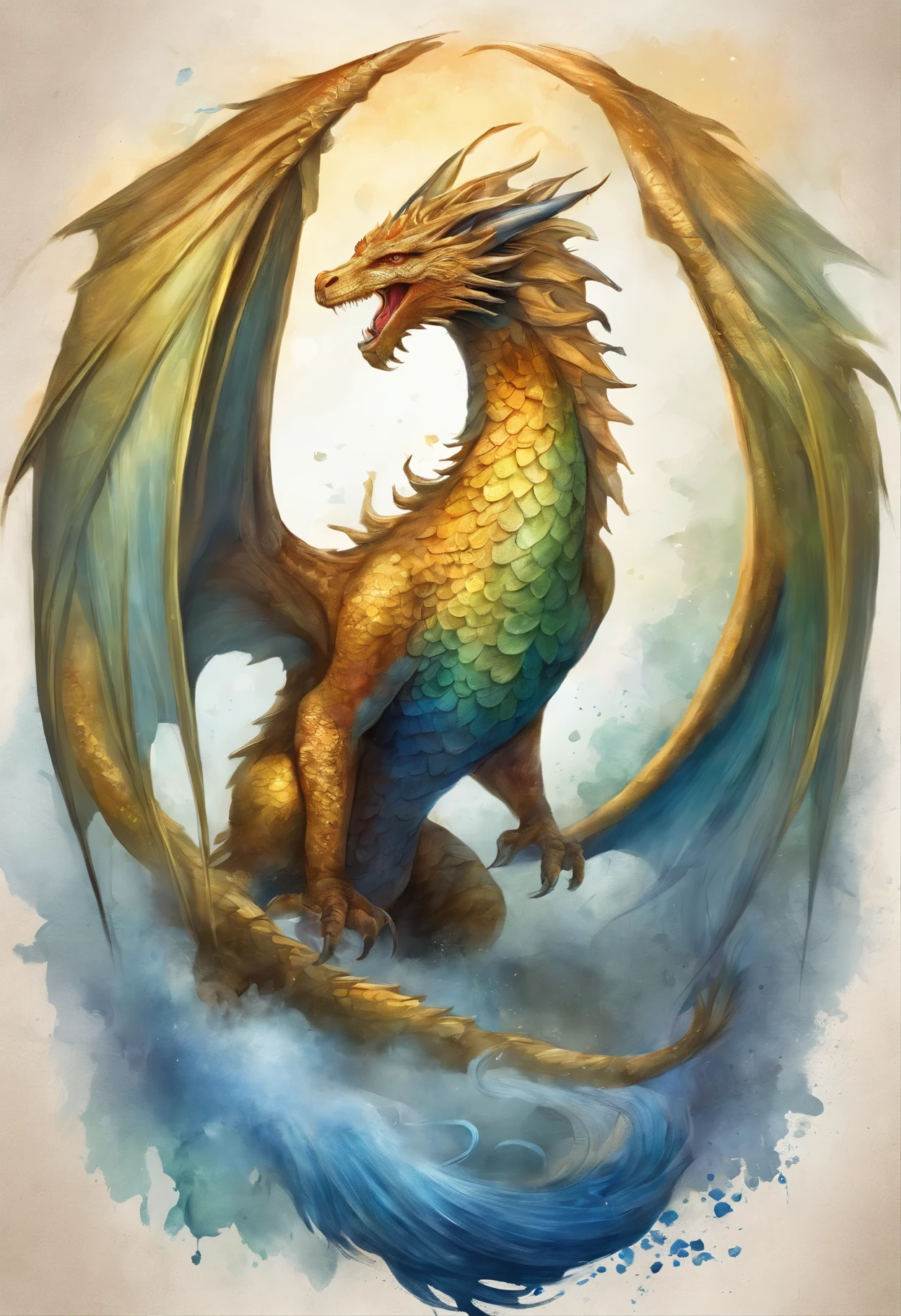 painting of a mythical creature with a golden tail and a blue body, mythical creature, a mythical creature, fantastical creature, fluffy fluffy iridescent dragon, fantasy card game art, Soft gentle dragon features, epic fantasy card game art, epic fantasty card game art, Magic collection art style, phoenix dragon, High quality fantasy art, the magical art of collecting cards