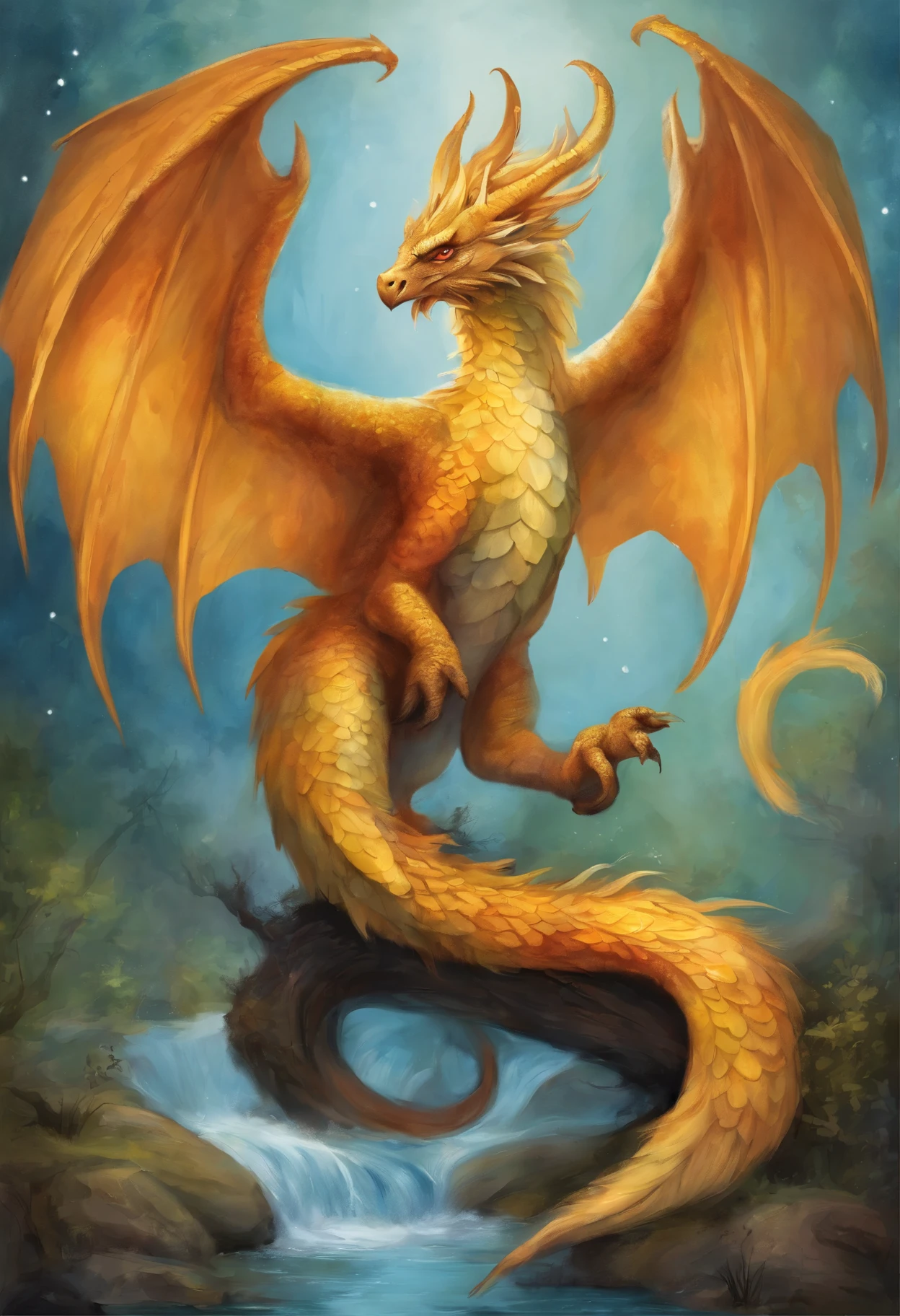 painting of a mythical creature with a golden tail and a blue body, mythical creature, a mythical creature, fantastical creature, fluffy fluffy iridescent dragon, fantasy card game art, Soft gentle dragon features, epic fantasy card game art, epic fantasty card game art, Magic collection art style, phoenix dragon, High quality fantasy art, the magical art of collecting cards