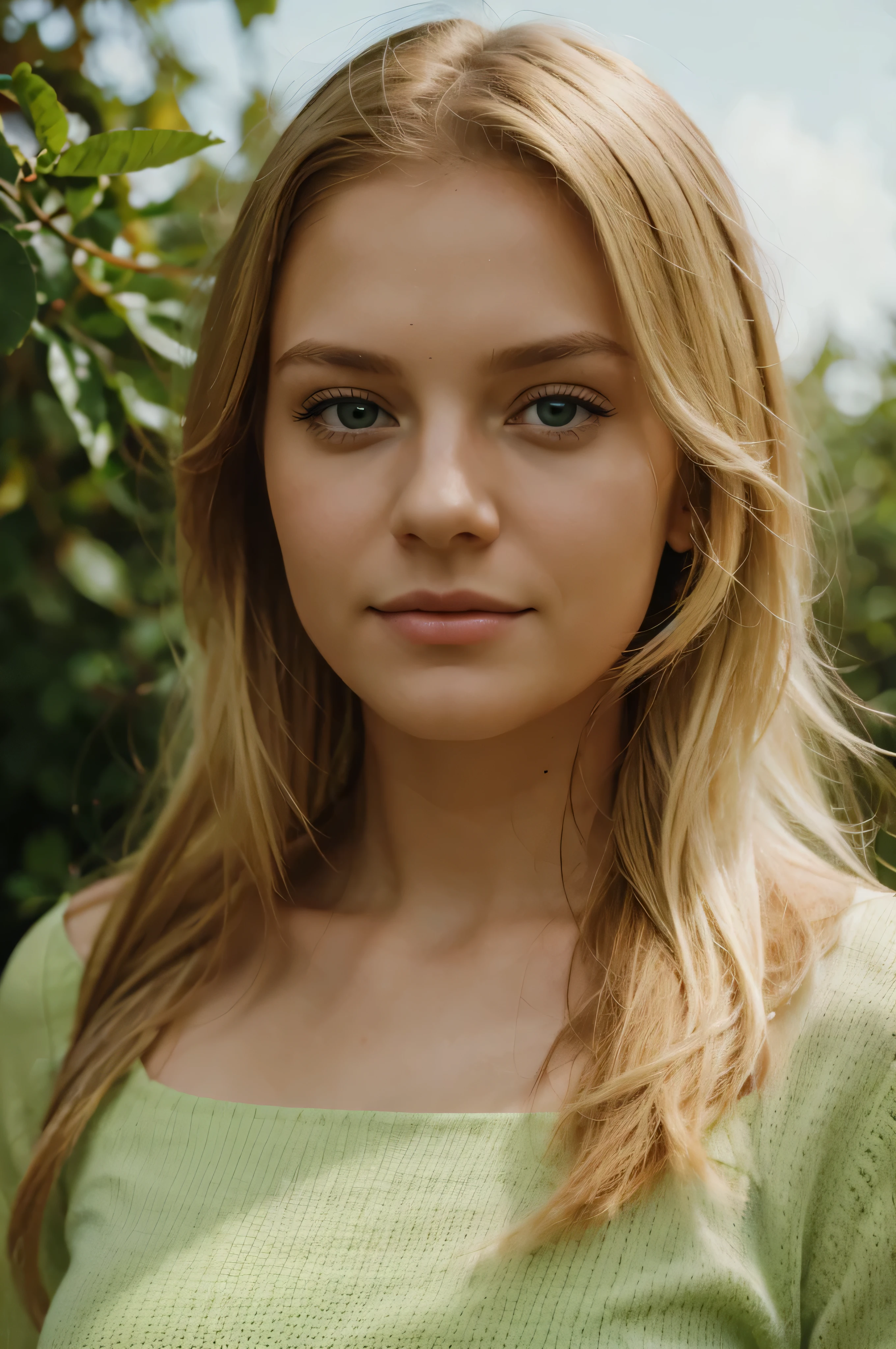realistic, beautiful blond girl, green background, german girl, looking straight, reduce face width