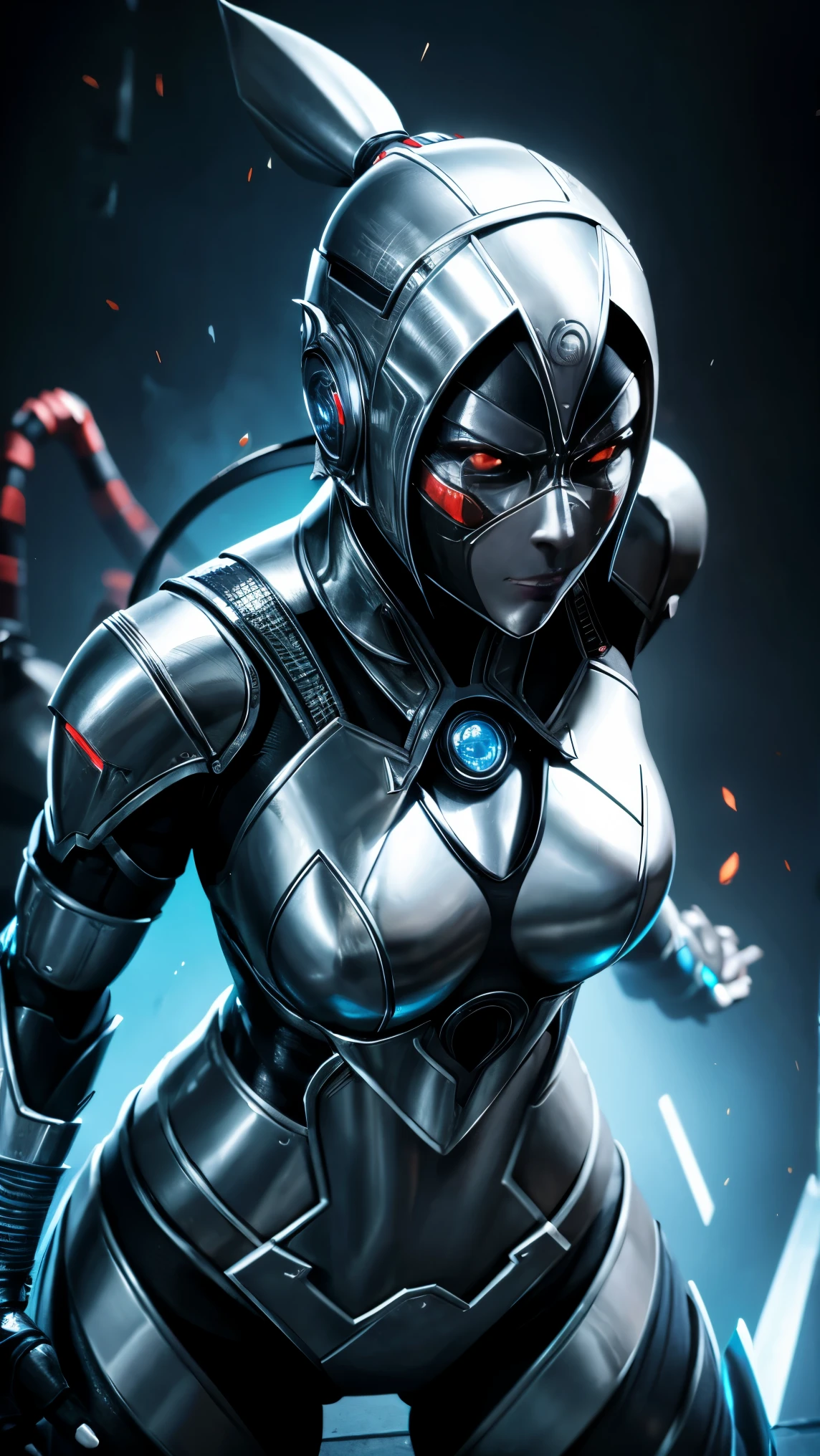 A full silver robot ninja woman with robot face in mortal kombat 11 style 