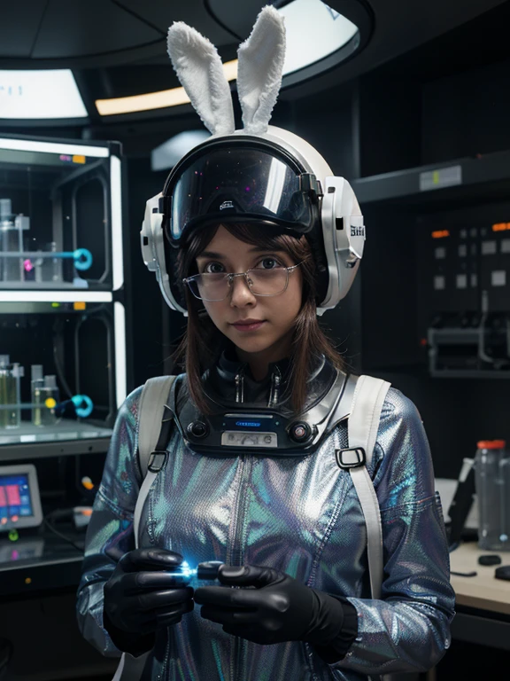 A woman in a lab coat with a helmet-like head covering, surrounded by advanced technology such as high-tech equipment, holographic displays, computers, wires, screens, beakers, test tubes, flasks, sensors, monitors, machines, instruments, tools, gloves, goggles, and protective clothing, is likely a scientist working in a highly specialized and technologically advanced research facility. The head covering, known as a bunny suit or space suit, is worn to protect her from hazardous materials or contaminants in her lab environment. The holographic displays may be used to visualize complex data or simulations, aiding in scientific research and experimentation.raphic displays, computers, wires, screens, beakers, test tubes, flasks, sensors, monitors, machines, instruments, tools, gloves, goggles, and protective clothing, is likely a scientist working in a highly specialized and technologically advanced research facility. The head covering, known as a bunny suit or space suit, is worn to protect her from hazardous materials or contaminants in her lab environment. The holographic displays may be used to visualize complex data or simulations, aiding in scientific research and experimentation.