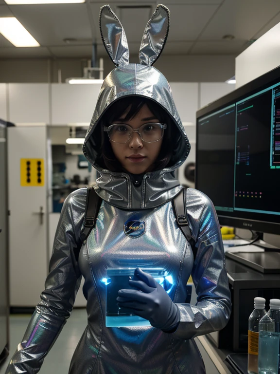 A woman in a lab coat with a helmet-like head covering, surrounded by advanced technology such as high-tech equipment, holographic displays, computers, wires, screens, beakers, test tubes, flasks, sensors, monitors, machines, instruments, tools, gloves, goggles, and protective clothing, is likely a scientist working in a highly specialized and technologically advanced research facility. The head covering, known as a bunny suit or space suit, is worn to protect her from hazardous materials or contaminants in her lab environment. The holographic displays may be used to visualize complex data or simulations, aiding in scientific research and experimentation.raphic displays, computers, wires, screens, beakers, test tubes, flasks, sensors, monitors, machines, instruments, tools, gloves, goggles, and protective clothing, is likely a scientist working in a highly specialized and technologically advanced research facility. The head covering, known as a bunny suit or space suit, is worn to protect her from hazardous materials or contaminants in her lab environment. The holographic displays may be used to visualize complex data or simulations, aiding in scientific research and experimentation.