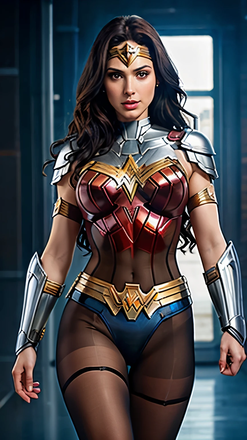 (Wonder Woman) with Iron Man style armor, white and gold color scheme, beautiful face, gorgeous, incredibly attractive, palladium bodice, ((huge breasts)), armored palladium female chest piece, platinum battle skirt, platinum shin guards, ((feet in view)), style of Marvel, thin, slim, athletic, small hips, small butt, ready for battle, shiny armor, palladium gauntlets, palladium tiara, realistic long wavy curly black hair, (entire subject is in view), (((shiny sheer transparent brown pantyhose))), smoky eyeshadow, long eyelashes, light pink lipstick, feminine, highly detailed, 4k, intense detail, masterpiece, UHD