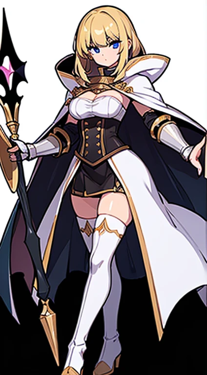 (((Best Quality))) , ((full body)), female, reference sheet, solo, (white background), holding staff, gauntlets, robe, thigh high, bustier, cloak,