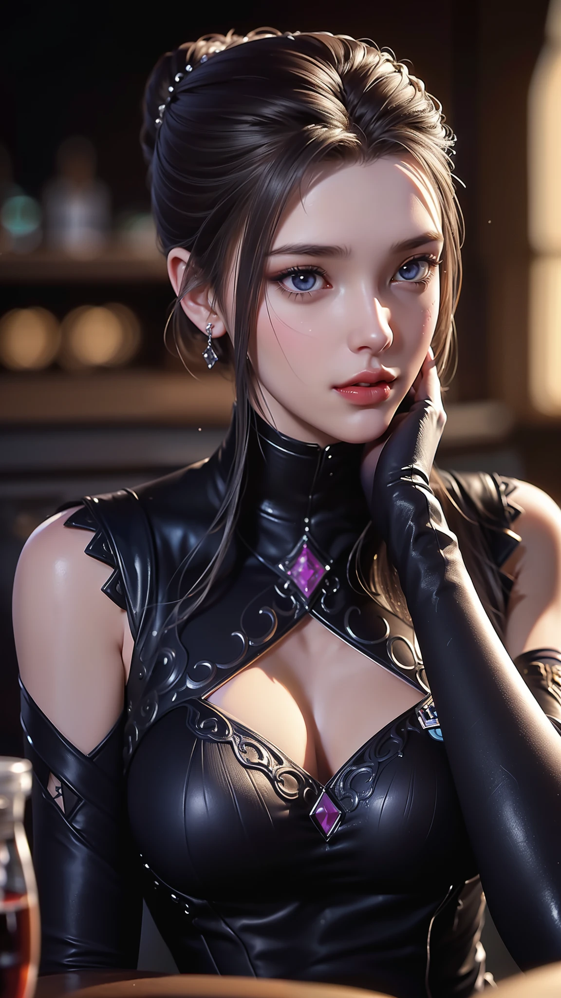 photo of extremely sexy (zend4y4:0.99), a woman as a sexy student, closeup portrait upsweep updo, (blue tight long sleeve turtleneck top), at a cantina sitting bar (masterpiece:1.5) (photorealistic:1.1) (bokeh) (best quality) (detailed skin texture pores hairs:1.1) (intricate) (8k) (HDR) (wallpaper) (cinematic lighting) (sharp focus), (eyeliner), (painted lips:1.2), (earrings)
