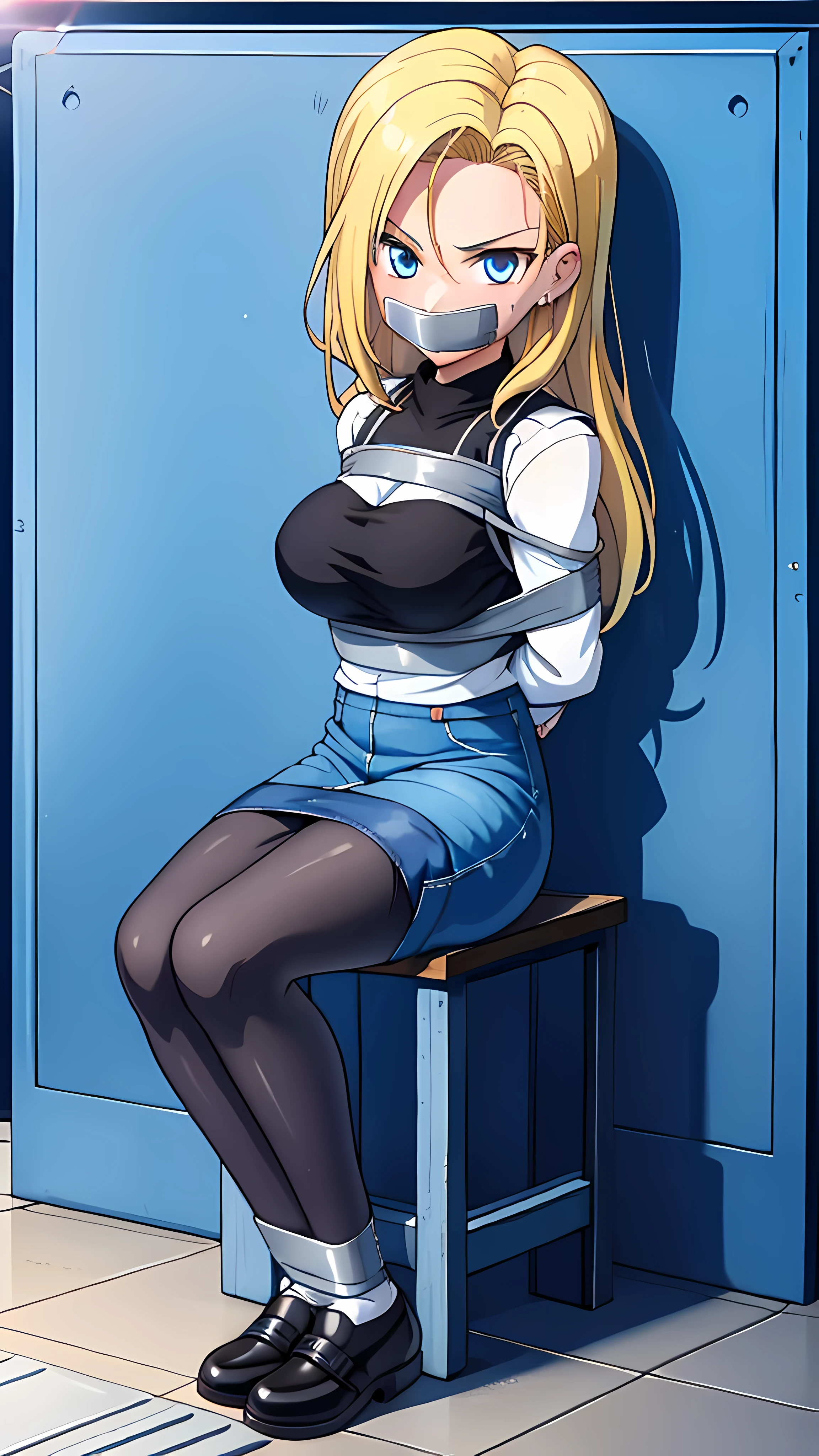 best quality, highres, and18, 1girl, android 18, solo, blonde hair, blue  eyes, long hair, earrings, jewelry, denim vest, open vest, black  pantyhose, black shirt, denim skirt, striped long sleeves, blue skirt,  large breasts, cowboy shot, street, gagged, kidnapped, bound, seated on the floor, full body view, tape gag, tape on the mouth, secured, tight knots