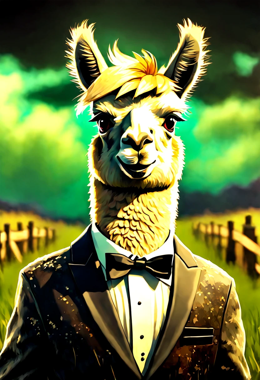 Grunge style (Boyish Digital Artwork:1.3) of (Ultrarealistic:1.3),(Fearful:1.3) there is a llama wearing a tuxedo in a field, portrait of a llama, llama portrait, llama anthro portrait, lama, llama, alpaca, llama all the way, wild fluffy llama portrait, llama head, donald trump portrait, photo of donald trump, portrait of donald trump, handsome donald trump, donald trump fortnite skin, 8 k ultra realistic animal 3D cinematic film.(caricature:0.2). 4k, highly detailed,,CGSociety,ArtStation,close portrait,(manga:1.3),beautiful,attractive,handsome,trending on ArtStation,DeviantArt contest winner,CGSociety,ultrafine,detailed,studio lighting . Textured, distressed, vintage, edgy, punk rock vibe, dirty, noisy
