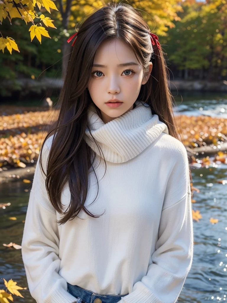 (masterpiece), highest quality, super detailed, figure, warm lighting, soft lighting, bright colors, 1 girl, alone,( beautiful girl, long hair, blue eyes, ribbon, brown hair, hair between eyes, hair ribbon, side lock, very long hair, messy hair,) , autumn, Many maple trees, maple leaf, golden leaves, autumn leaves, Dry leaves, river,  Refreshing air,  peace, Cool breeze , Sweater Weather,( Wear a white or brown sweater, red scarf, 不機嫌そうなautumn, 物sad, melancholy, sad ,Worried, longing,)