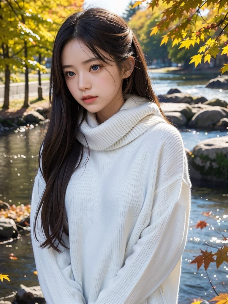 (masterpiece), highest quality, super detailed, figure, warm lighting, soft lighting, bright colors, 1 girl, alone,( beautiful girl, long hair, blue eyes, ribbon, brown hair, hair between eyes, hair ribbon, side lock, very long hair, messy hair,) , autumn, Many maple trees, maple leaf, golden leaves, autumn leaves, Dry leaves, river, Refreshing air, peace, Cool breeze , Sweater Weather,( Wear a white or brown sweater, red scarf, 不機嫌そうなautumn, 物sad, melancholy, sad ,Worried, longing,)