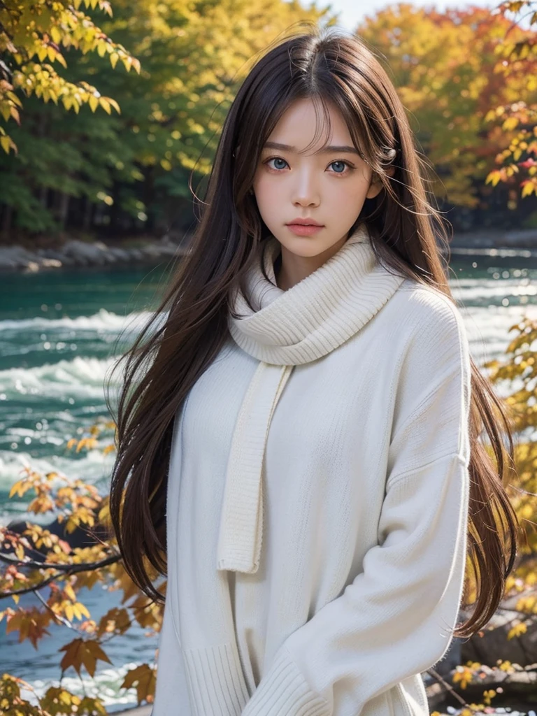 (masterpiece), highest quality, super detailed, figure, warm lighting, soft lighting, bright colors, 1 girl, alone,( beautiful girl, long hair, blue eyes, ribbon, brown hair, hair between eyes, hair ribbon, side lock, very long hair, messy hair,) , autumn, Many maple trees, maple leaf, golden leaves, autumn leaves, Dry leaves, river, Refreshing air, peace, Cool breeze , Sweater Weather,( Wear a white or brown sweater, red scarf, 不機嫌そうなautumn, 物sad, melancholy, sad ,Worried, longing,)