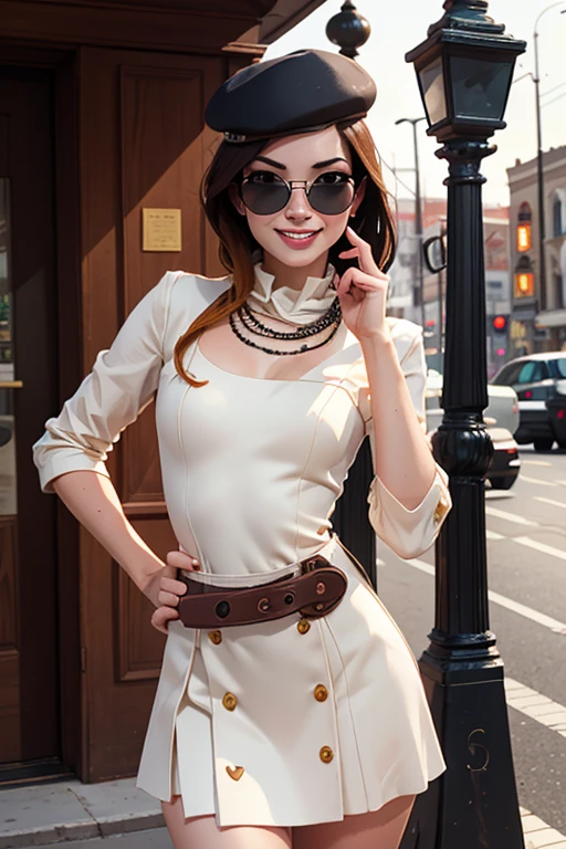 (masterpiece,stunning girlfriend, (standing:1.1), dynamic pose, heart shaped face, elegant face, beautiful face, highly detailed face, highly detailed skin, skin pores, subsurface scattering, realistic pupils, loving smile, looking at viewer, full face blush, full lips, detailed background, depth of field, atmospheric perspective, volumetric lighting, sharp focus, absurdres, realistic proportions, good anatomy, (realistic, hyperrealistic:1.4), 16k hdr, (masterpiece, best quality:1.2), cowboy shot, solo, 1girl, coco adel, grin, looking at viewer, hand on hip, beret, white mini dress, jewelry, belt, bandolier, sunglasses, standing on busy street corner, bookshop, crowd, ((sfw))
