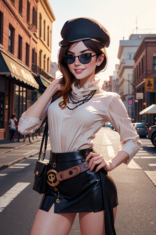 (masterpiece,stunning girlfriend, (standing:1.1), dynamic pose, heart shaped face, elegant face, beautiful face, highly detailed face, highly detailed skin, skin pores, subsurface scattering, realistic pupils, loving smile, looking at viewer, full face blush, full lips, detailed background, depth of field, atmospheric perspective, volumetric lighting, sharp focus, absurdres, realistic proportions, good anatomy, (realistic, hyperrealistic:1.4), 16k hdr, (masterpiece, best quality:1.2), cowboy shot, solo, 1girl, coco adel, grin, looking at viewer, hand on hip, beret, white mini dress, jewelry, belt, bandolier, sunglasses, standing on busy street corner, bookshop, crowd, ((sfw))