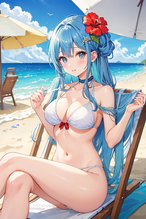 beach resort、1 beautiful girl、In a white bikini、1 hibiscus hair ornament、Parasol set up on the sandy beach、beach chair