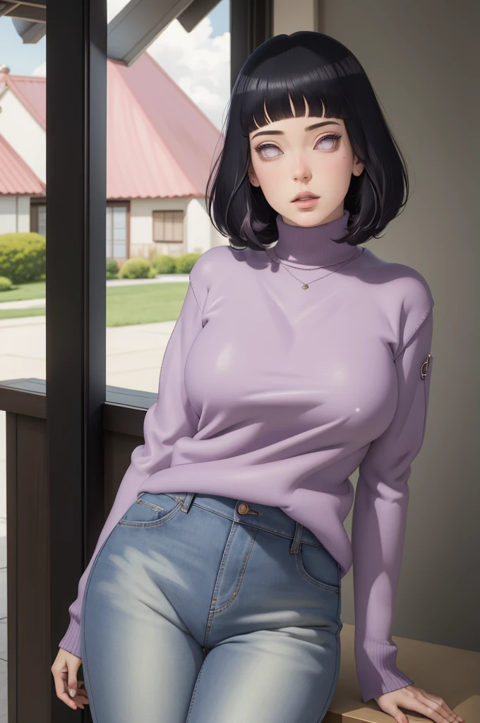 { - anatomy error} (Masterpiece - Ultra-detailed, very high resolution) , absurdos, Hinata\(Boruto\), 1girl, sozinho,Mature female, Capuz roxo,mangas em camadas, jeans, ao ar livre, Cloudy sky, perfect composition, circunstanciado lips, peito grande, beautiful face, body propotion, corar, (pink lips), cabelos pretos curto (black hair), lilac eyes, olhar suave, super realistic, circunstanciado, rosto e corpo realistas, Realistic hair, olhos realistas, nariz realista, realistic lips, anime, reading, writing, dynamic poses, closed mouth. Different Pose.