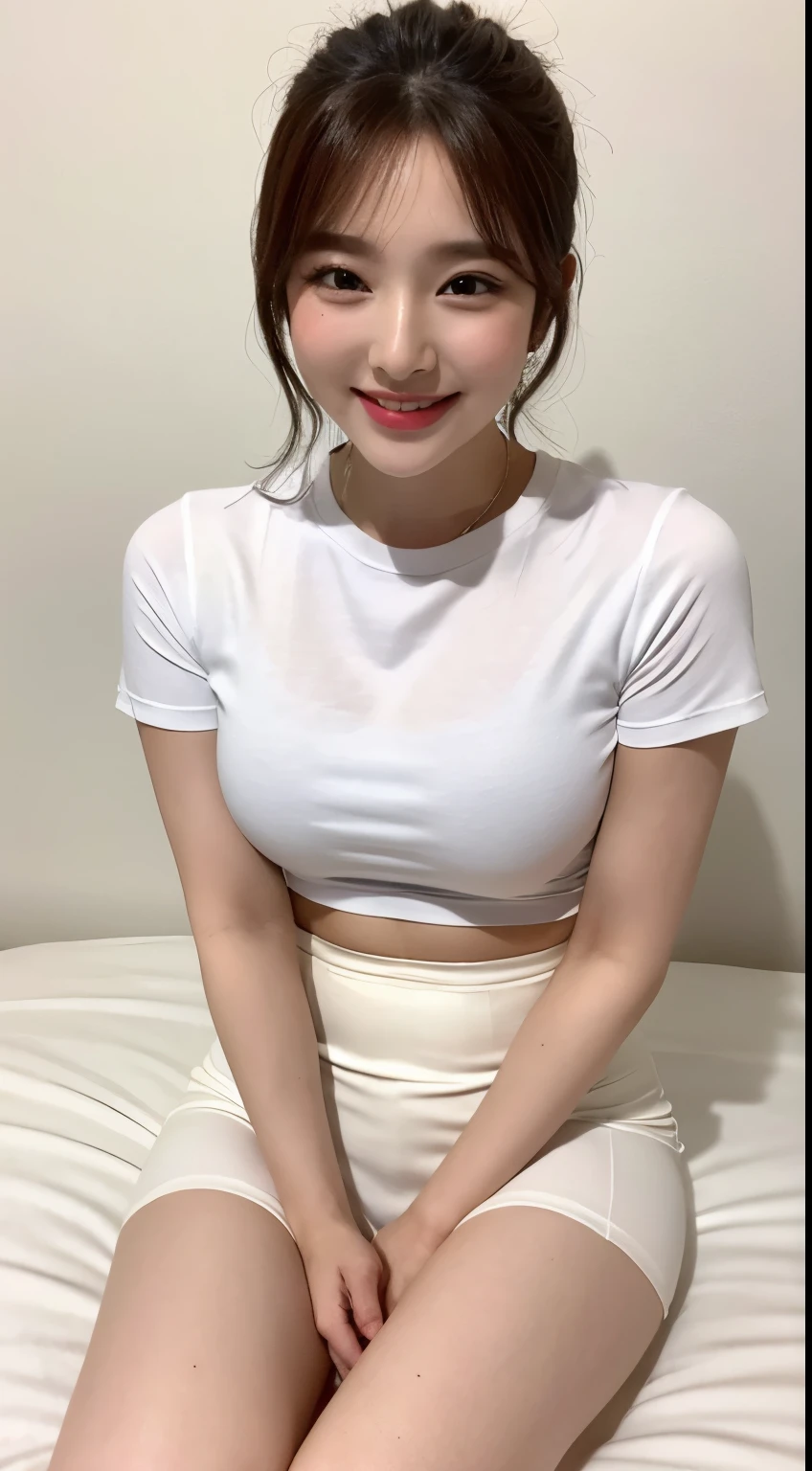 White tight shirt、White tight mini skirt、bed、smile、short sleeve、high resolution、Hallyu Idol Face