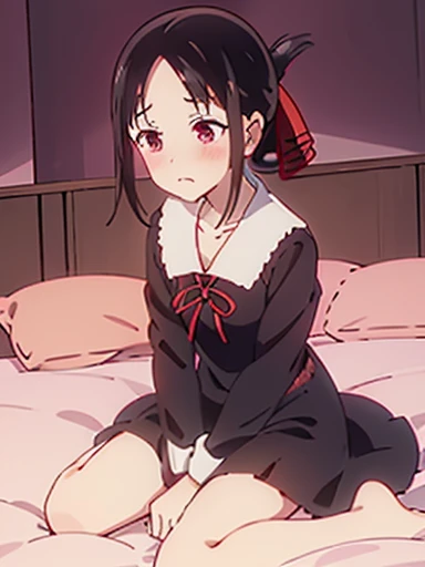 nsfw,Bedroom、on the bed、sit、Watery eye、blush、Kaguya Shinomiya、red eyes,red ribbon,hair ribbon,bangs,short hair,side lock,folded ponytail,black hair,parted bangs, Uniform of Shunaiin Gakuen,black dress,neck ribbon,clavicle,white sailor collar