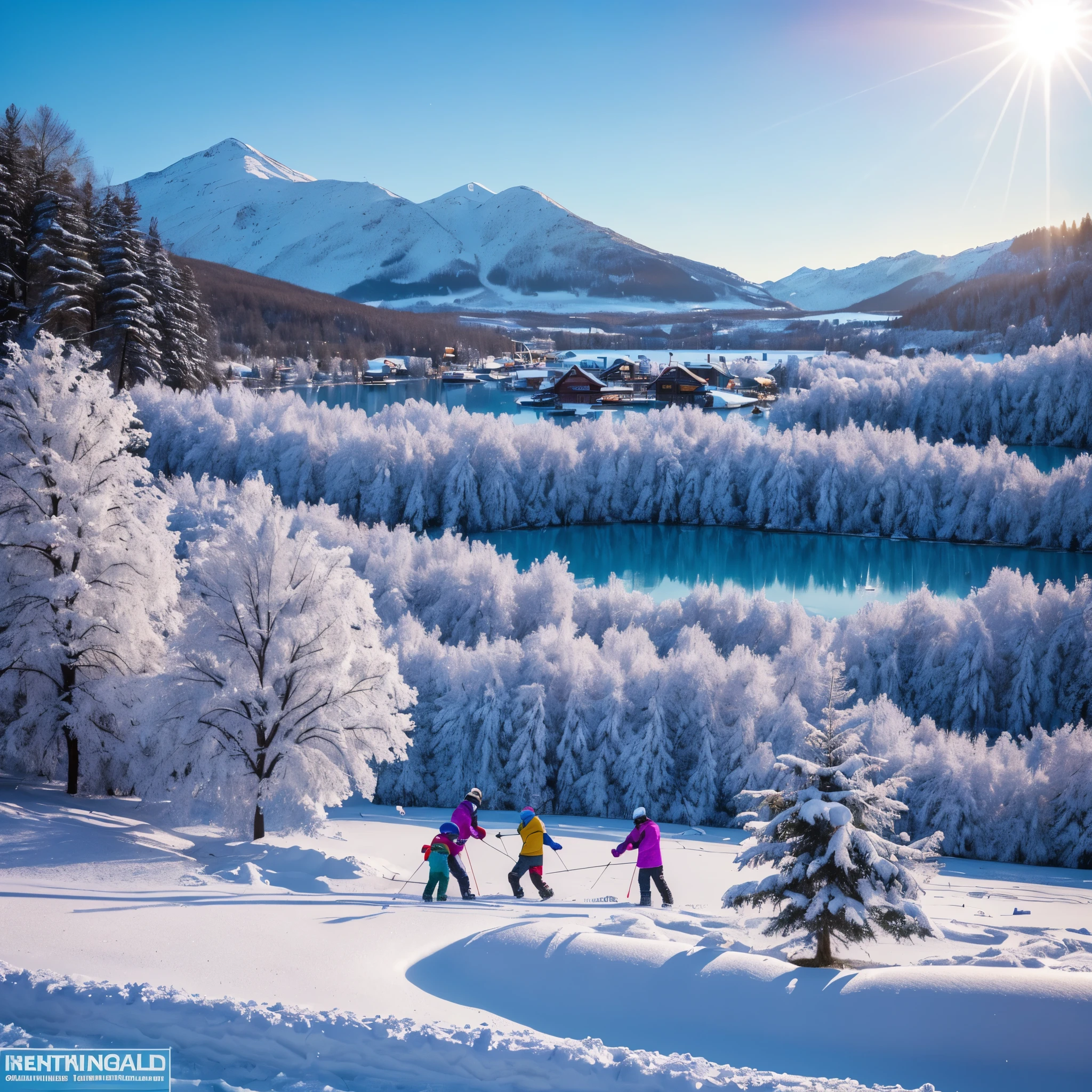 The Winter's Tale,lake,fun,Colorful,(Best quality,4K,8K,a high resolution,masterpiece:1.2),ultra detailed,(Realistic,photoRealistic,photo-Realistic:1.37), and snow,Shiny snowflakes,snow-covered trees,Sparkling icicles,beautifully carved sculptures, village houses in the distance, Cottages,snowy hills and mountains,замерзшее lake с детьми-катание на коньках,complex patterns in ,rays of sunlight, breaking through the clouds, bright and vibrant colors,Carnations, blues, magenta, and white,funny snowball fights and laughter