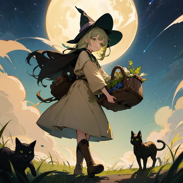 color々A witch around 25 years old carrying a large basket of medicinal herbs....... 、beige dress、黒colorのマント、 dark brown long boots、 green eyes、 smile 、Bluestone Pendant、night、 starry sky、 moon、buddy black cat、 grassland 、colorとりどりの花々