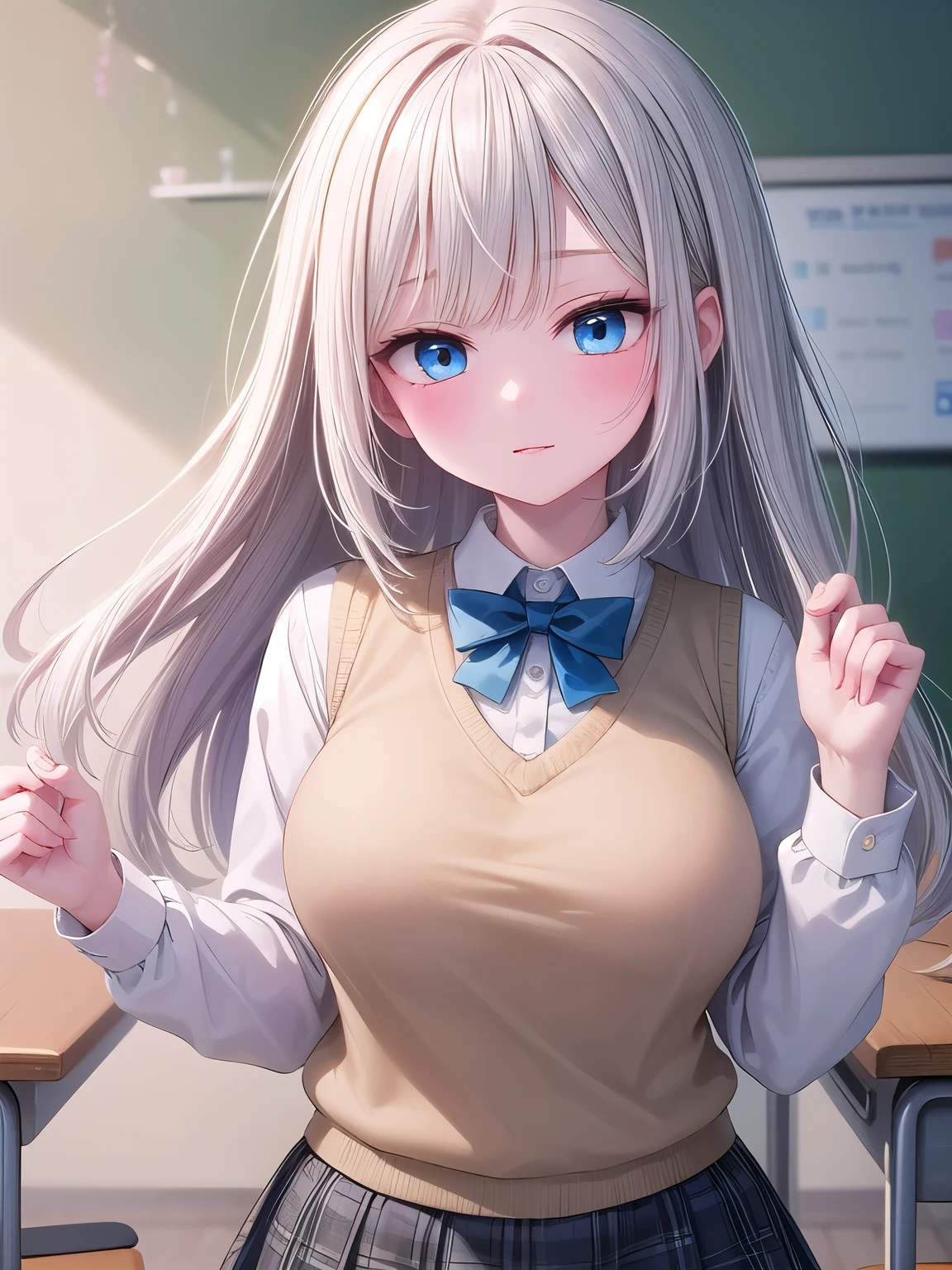 solo girl, 20 years old, silver hair, long hair, blue eyes,  medium breast, blush,  red bowtie,white long sleeves shirt,black sweater vest, dark blue skirt,classroom, insanely detailed,  absurdres,  ultra-highres,  ultra-detailed,  best quality,  slender,  kawaii,  perfect symmetrical face,  ultra cute girl,  ultra cute face,  ultra detailed eyes,  ultra detailed hair,  ultra cute,  ultra beautiful,