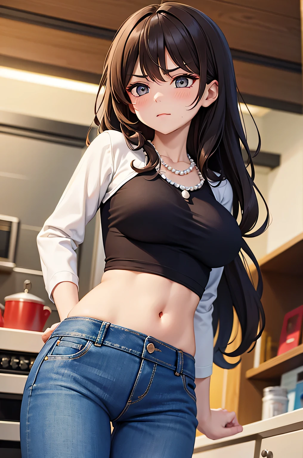 Very detailed illustrations, bright colors, Masterpiece, Sharp focus, best quality, depth of field, movie light, very detailed, collarbone, t-shirt, short sleeve, milf, 1 woman, alone, Diaphragm, abdomen, ปุ่มabdomen, Large navel, kitchen, ceiling, close up, looking down, Medium bust, curly hair, long hair, low waist, Jeans,  pearl necklace, put on makeup, dark black hair, annoying, from below, very slim, Slender waist, small hips, , Slender waist, small hips, Slender waist, small hips, Slender waist, small hips, ((wide เปิดหน้าabdomen))、((เปิดหน้าabdomen))、((wide Open the navel))、((Open the navel))、((abdomenเปลือย))、((low waistเป็นพิเศษ))、 ((Navel expulsion))、((small hips))、((full image display))、((small hips))、((low waistเป็นพิเศษ))、((standing))、)
