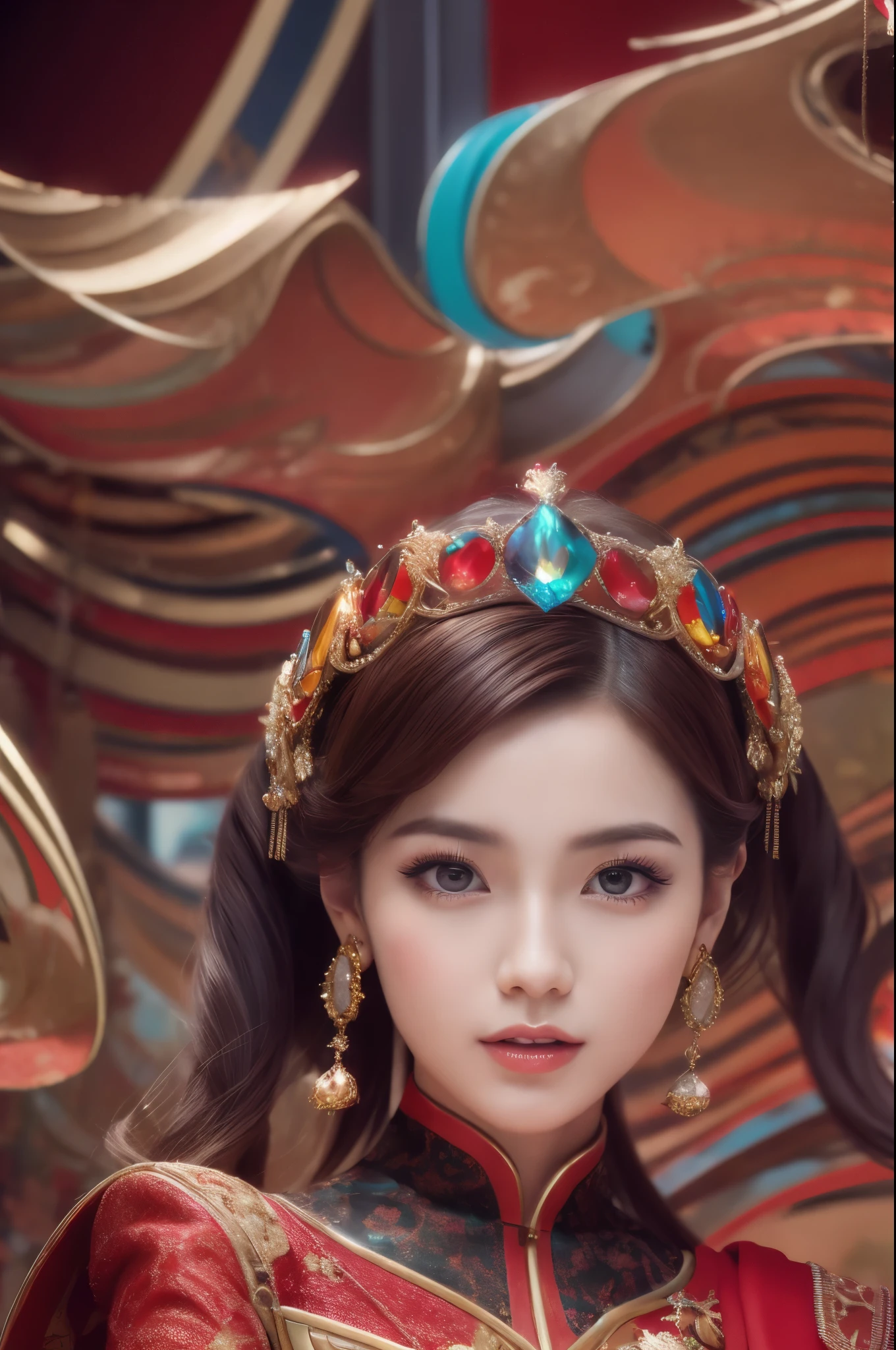 A woman in a red and gold Chinese dress，Phoenix crown，a chinese wedding，（tmasterpiece，top Quority，best qualtiy，offcial art，Beauty and aesthetics：1.2），（1girll：1.3），The is very detailed，（s fractal art：1.1），Most detailed，（ zentangle:1.2), full bodyesbian, (abstract backgrounds:1.3), (Shiny skin), (many color:1.4), ,(Earrings), (feater:1.5),