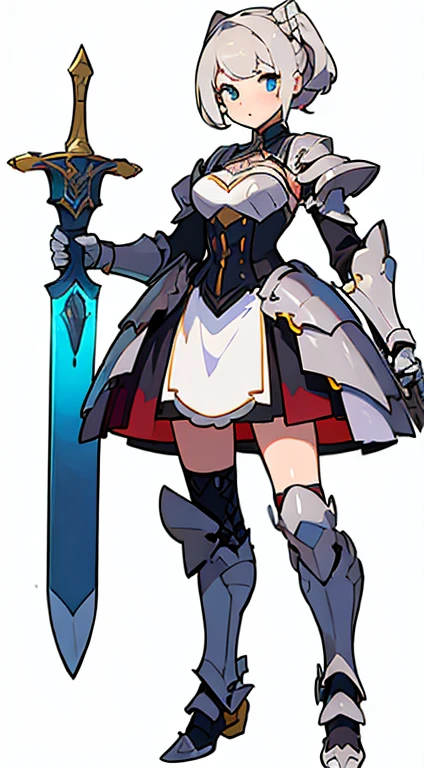 (((Best Quality))) , ((full body)), female, reference sheet, solo, (white background), holding sword, gauntlets, armored dress, thigh high, bustier,