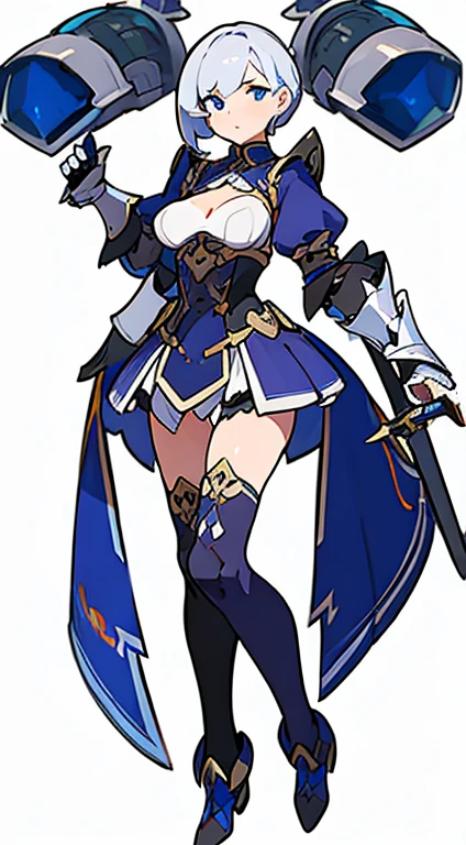 (((Best Quality))) , ((full body)), female, reference sheet, solo, (white background), holding sword, gauntlets, armored dress, thigh high, bustier,