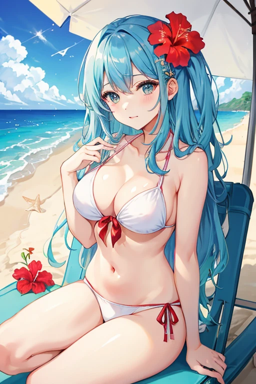 beach resort、1 beautiful girl、In a white bikini、1 hibiscus hair ornament、Parasol set up on the sandy beach、beach chair