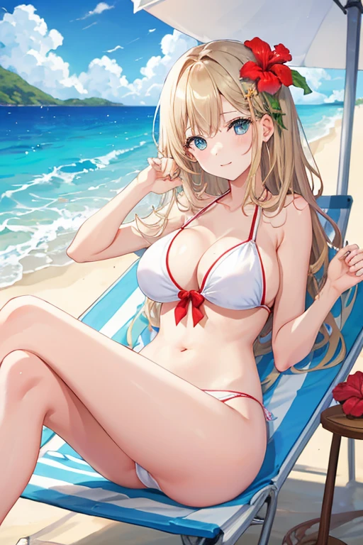 beach resort、1 beautiful girl、In a white bikini、1 hibiscus hair ornament、Parasol set up on the sandy beach、beach chair