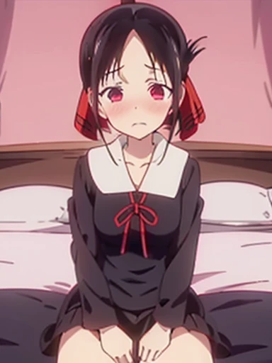 nsfw,Bedroom、on the bed、sex、vaginal 、resistance、Defeated clothes、Watery eye、blush、Kaguya Shinomiya、red eyes,red ribbon,hair ribbon,bangs,short hair,side lock,folded ponytail,black hair,parted bangs, Uniform of Shunaiin Gakuen,black dress,neck ribbon,clavicle,white sailor collar