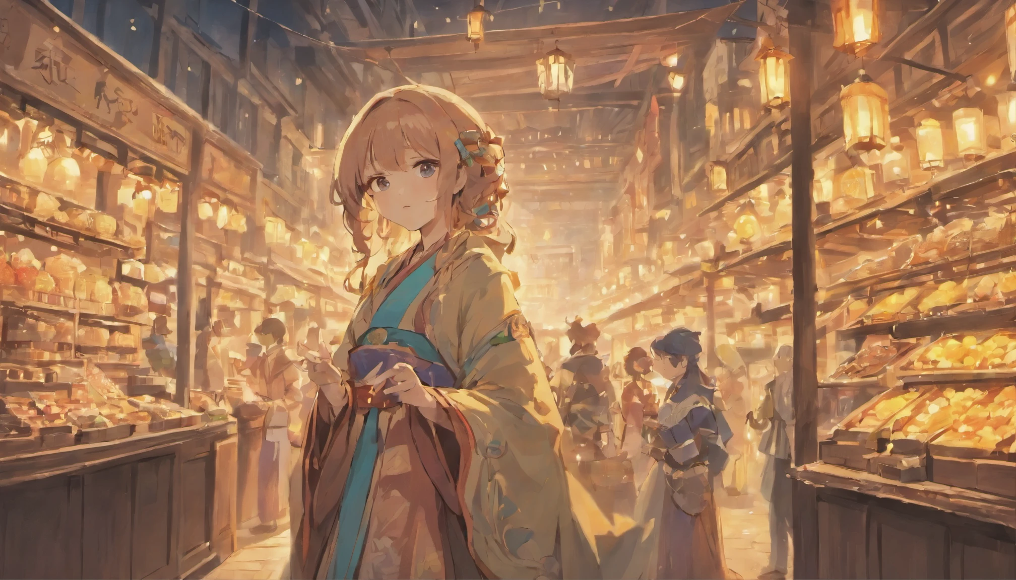 Cute female merchant selling magical items in a busy market,fantasic world,wearing robe,many goods display,masterpiece,soft line