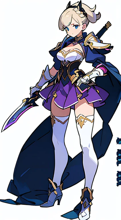 (((Best Quality))) , ((full body)), female, reference sheet, solo, (white background), holding sword, gauntlets, thigh high, bustier,