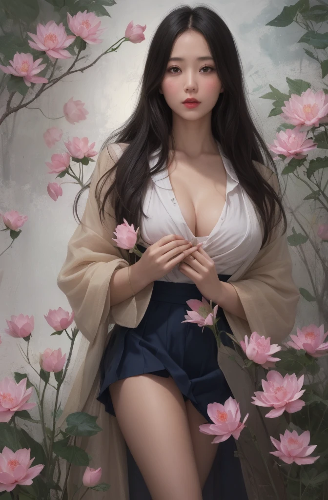 1female，45 yers old，Married Woman，熟妇，plumw，extremely large bosom， 独奏，（Background with：ponds，Cherry blossom forest，lotus flower）standing on your feet， She has short black hair，seen from the front，， mostly cloudy sky，（（（tmasterpiece），（Very detailed CG unity 8K wallpaper），best qualtiy，cinmatic lighting，detailed back ground，beatiful detailed eyes，Bright pupils，Black eyes，Snow-whiteskin，Redlip（Very fine and beautiful），（Beautiful and detailed eye description），ultra - detailed，tmasterpiece，））facing at camera，A high resolution，ultra - detailed），revealing breasts，Bare genitalia，  Bulge，legs are open，Raised sexy，Camel toes，Desire for dissatisfaction，frontage，Navy，，（Wearing：see-through school uniform，Transparent sailor uniform，Puffy skirt，Bare ，）