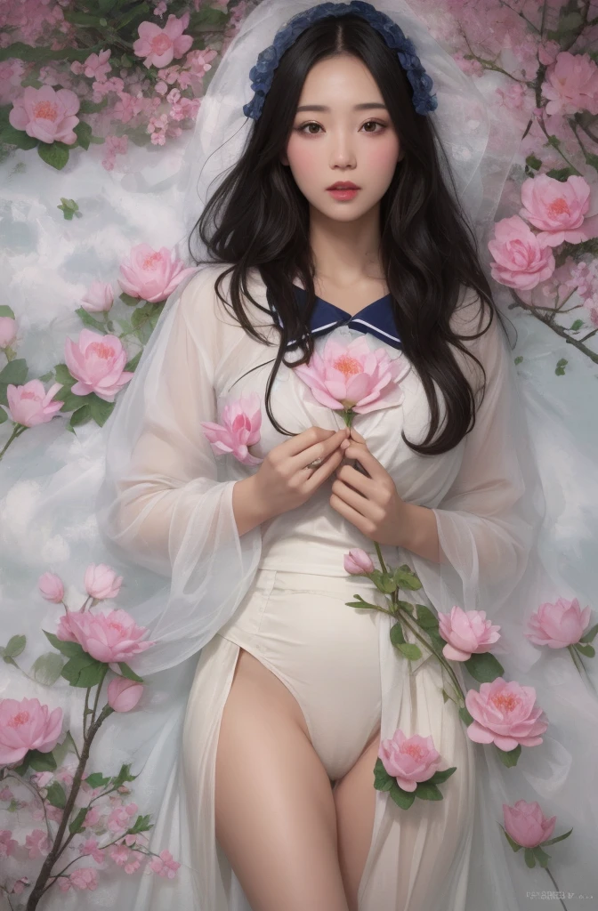 1female，45 yers old，Married Woman，熟妇，plumw，extremely large bosom， 独奏，（Background with：ponds，Cherry blossom forest，lotus flower）standing on your feet， She has short black hair，seen from the front，， mostly cloudy sky，（（（tmasterpiece），（Very detailed CG unity 8K wallpaper），best qualtiy，cinmatic lighting，detailed back ground，beatiful detailed eyes，Bright pupils，Black eyes，Snow-whiteskin，Redlip（Very fine and beautiful），（Beautiful and detailed eye description），ultra - detailed，tmasterpiece，））facing at camera，A high resolution，ultra - detailed），revealing breasts，Bare genitalia，  Bulge，legs are open，Raised sexy，Camel toes，Desire for dissatisfaction，frontage，Navy，elementary student，（Wearing：see-through school uniform，Transparent sailor uniform，Puffy skirt，Bare ，）